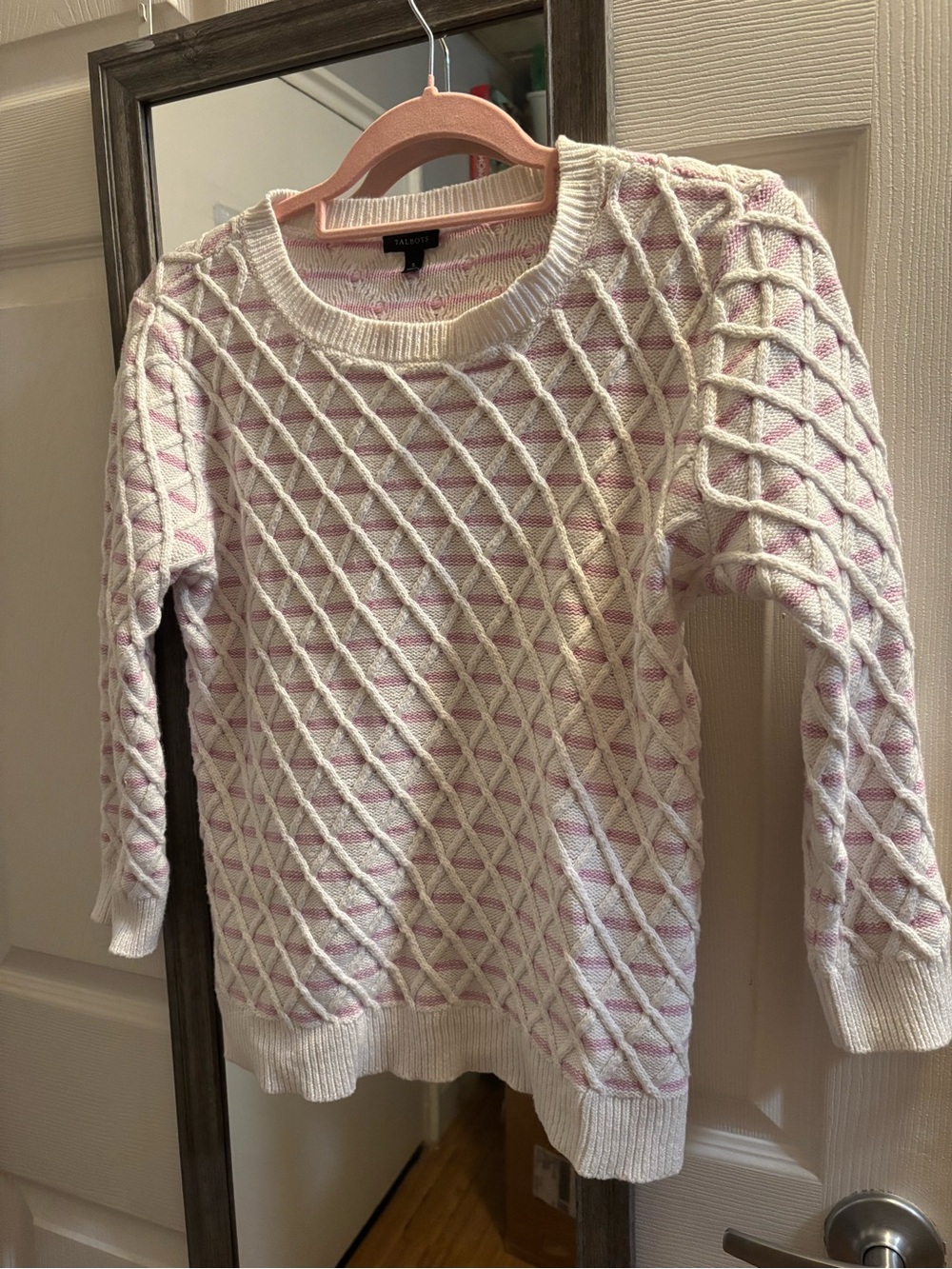 Talbots Cream Sweater with Light Pink Diamond Stitch, size small